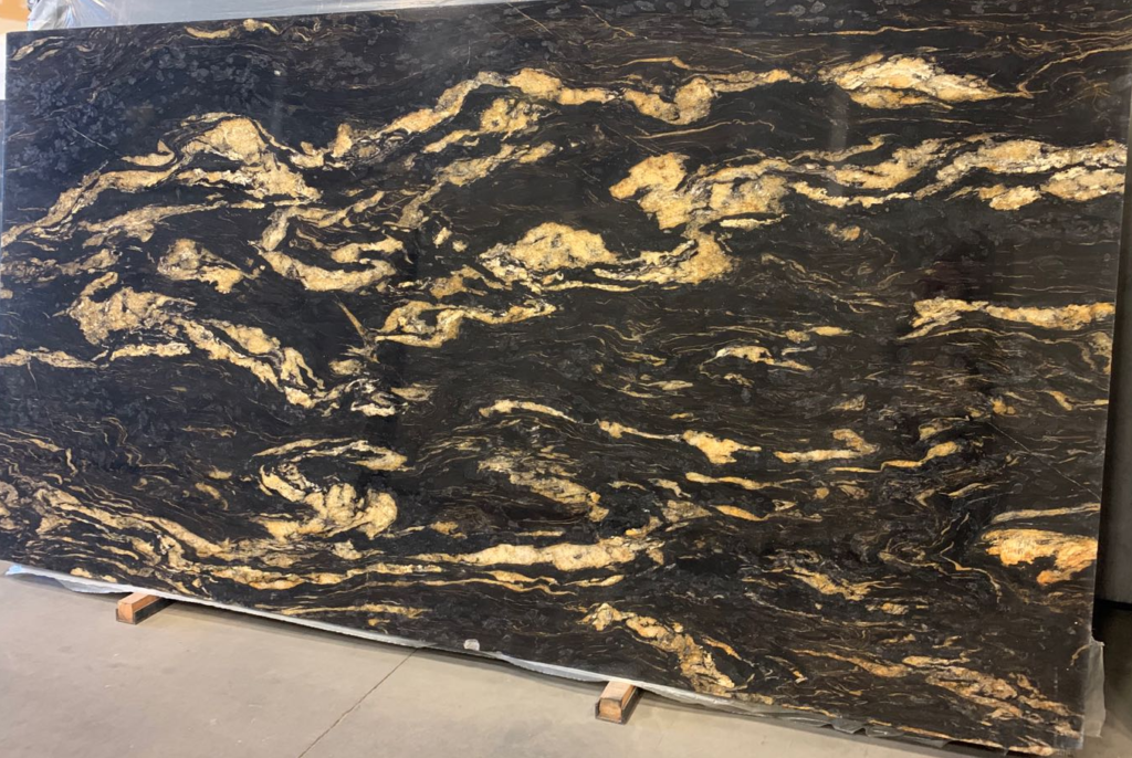 Black and gold granite slab for granite countertops Calgary projects